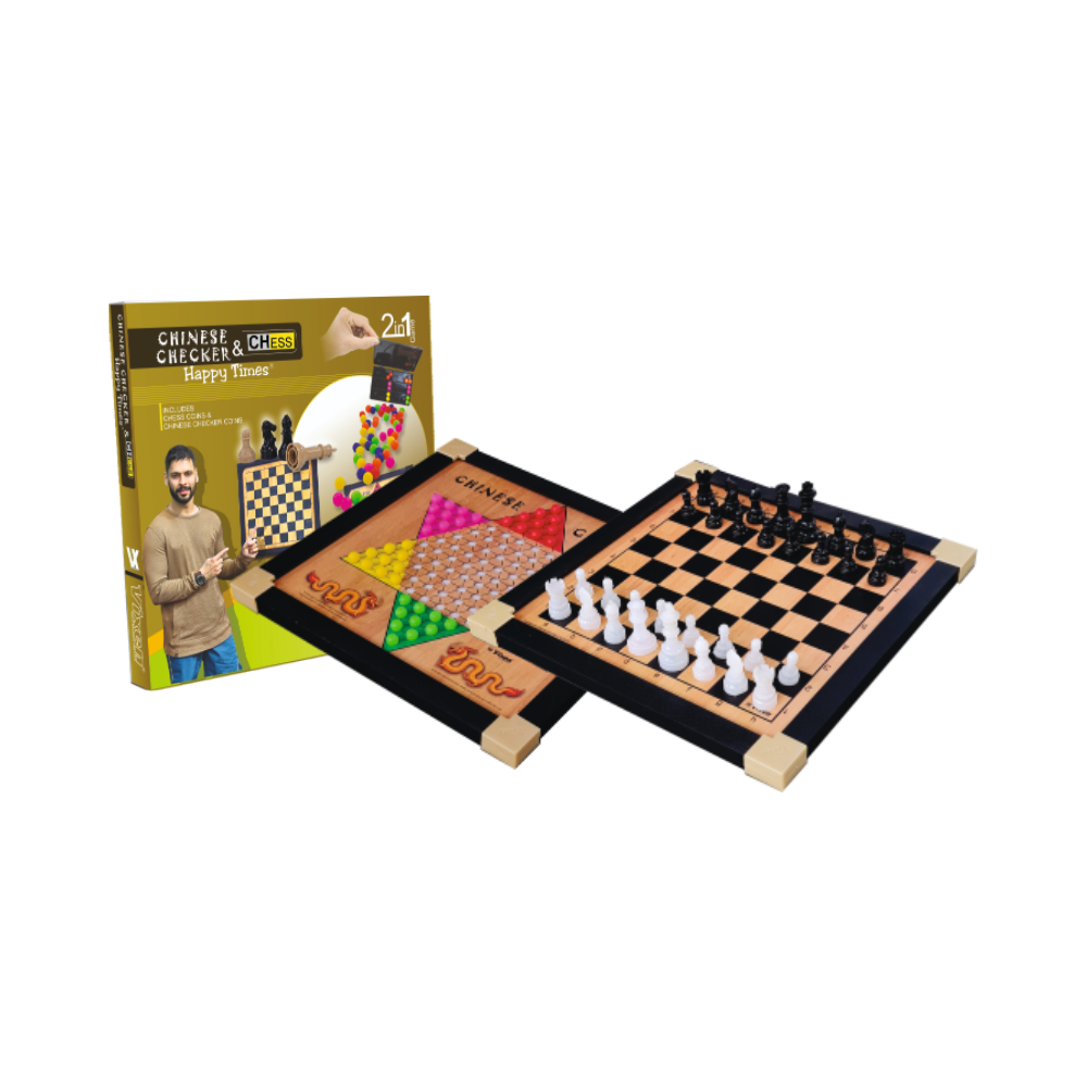 CHINESE CHECKER & CHESS BOARD WOODEN HAPPY TIMES